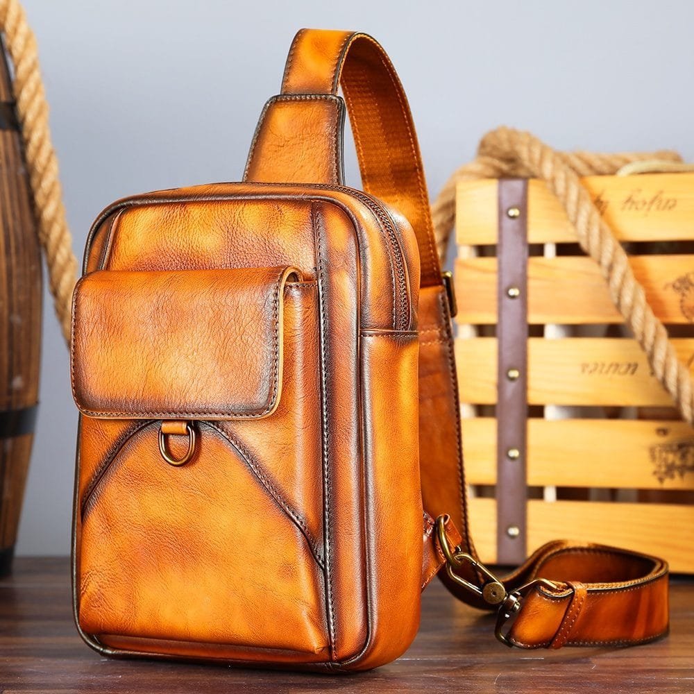 Full Grain Cowhide Leather Crossbody Sling Chest Pack One Shoulder Bag Article: SCB-ML024