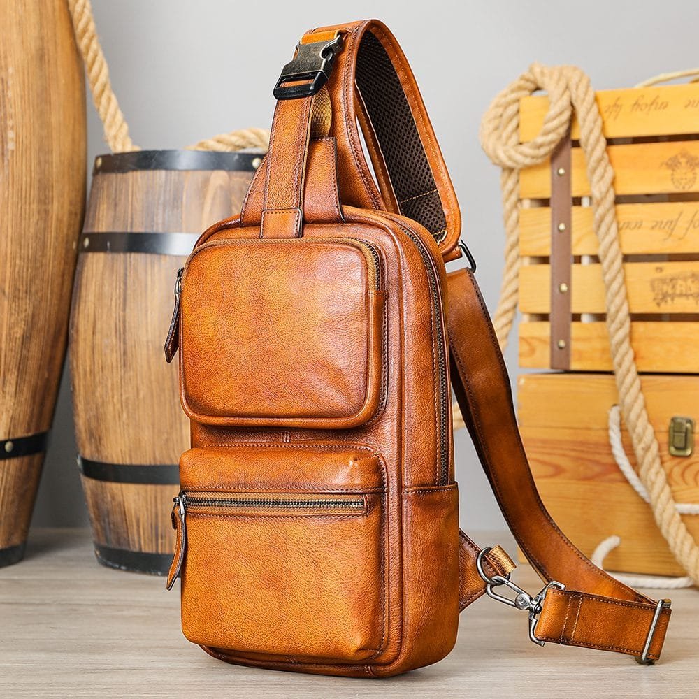 Full Grain Cowhide Leather Crossbody Sling Chest Pack One Shoulder Bag Article: SCB-ML025
