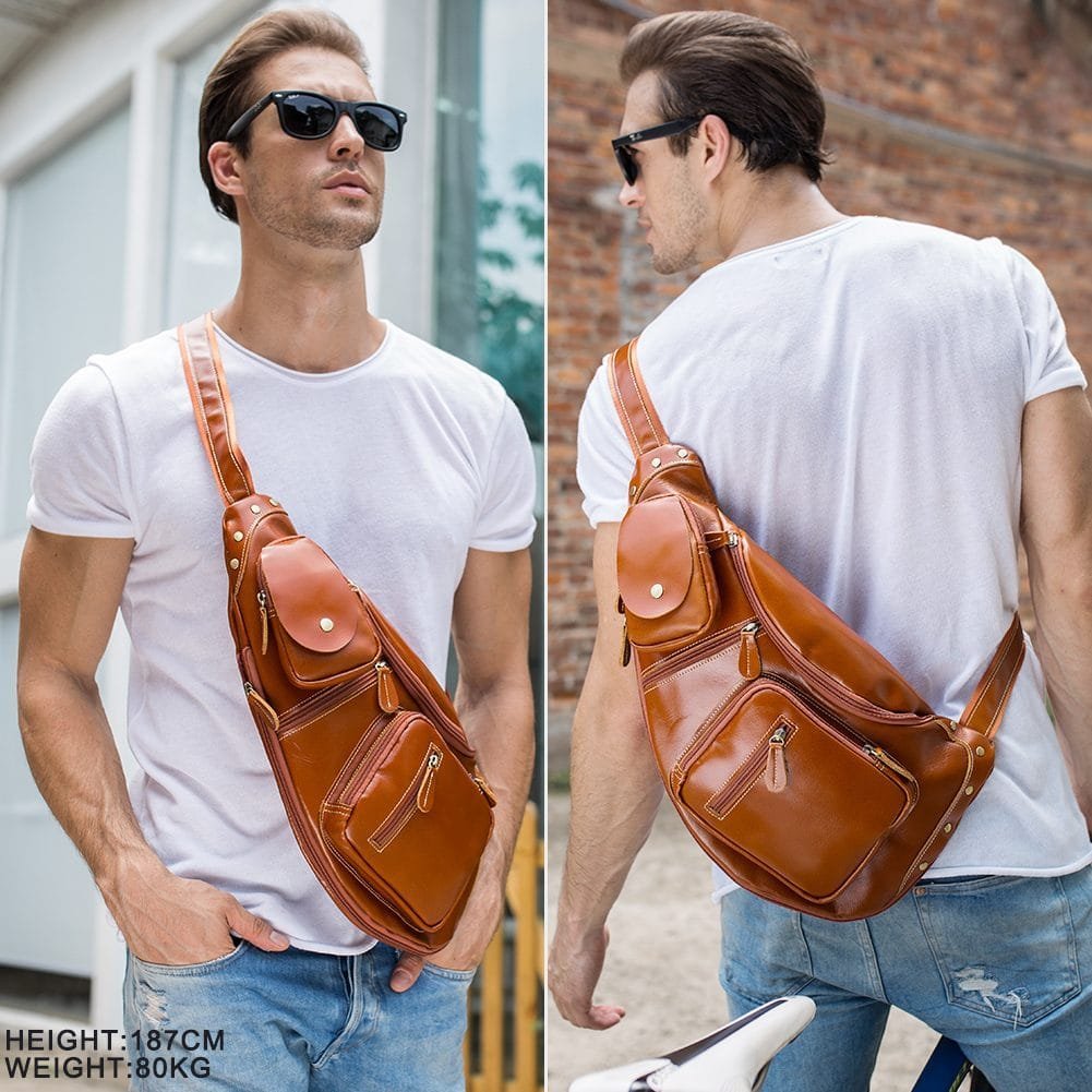 Full Grain Cowhide Leather Crossbody Sling Chest Pack One Shoulder Bag Article: SCB-ML035