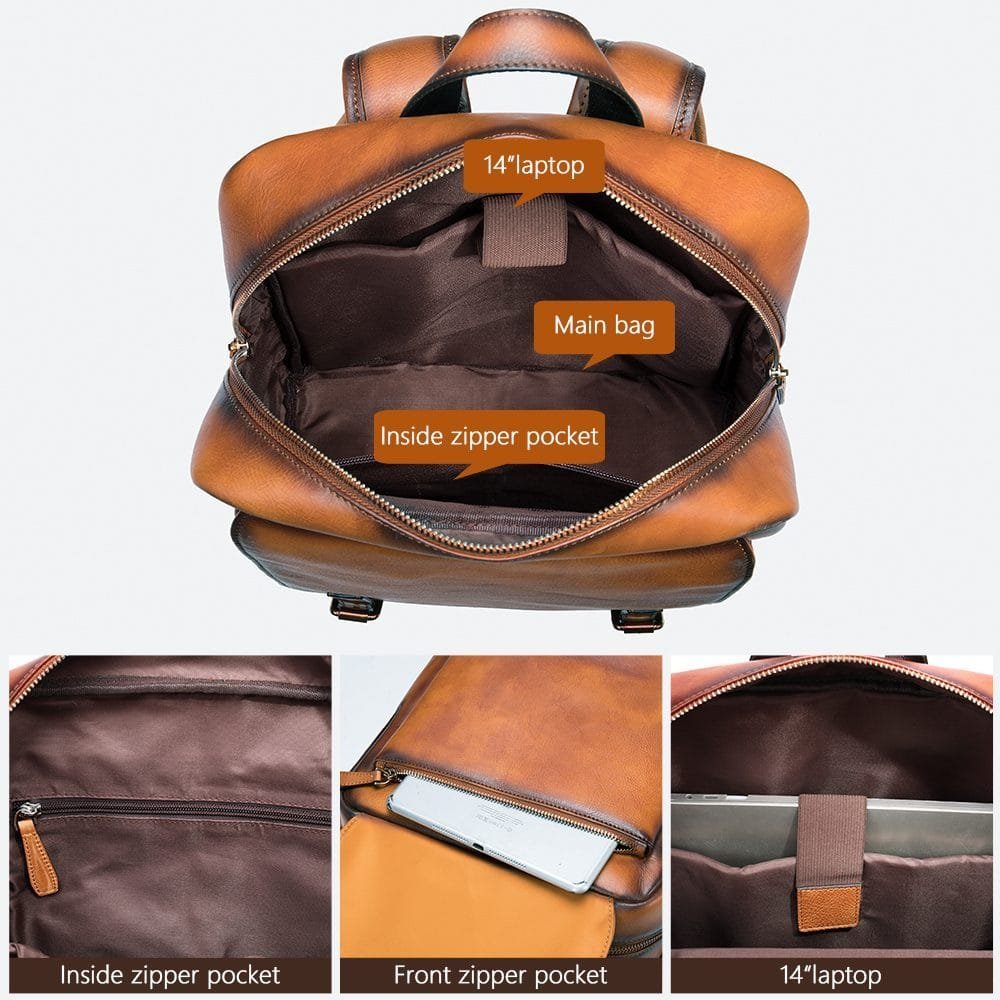 High Quality Mens Full Grain Cowhide Leather Vintage Office Laptop College Backpack Article: BPK-FL0018