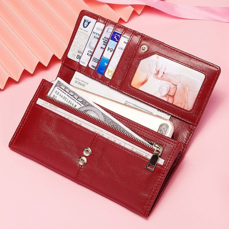 Long Zipper Girls Clutch Bag Ladies Wallet Mobile Phone Full Grain Cowhide Leather Article: WLT-FL002