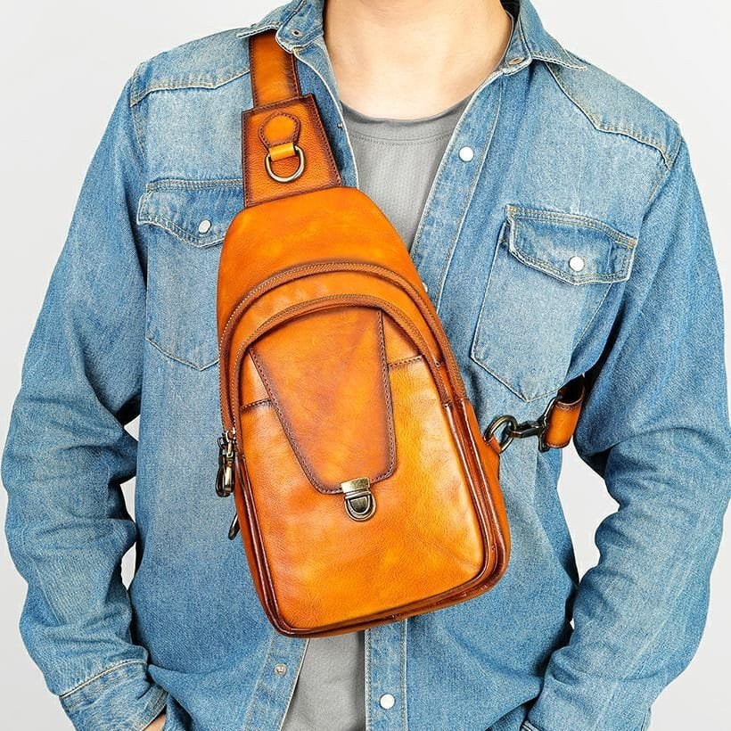 Full Grain Cowhide Leather Crossbody Sling Chest Pack One Shoulder Bag Article: SCB-ML022