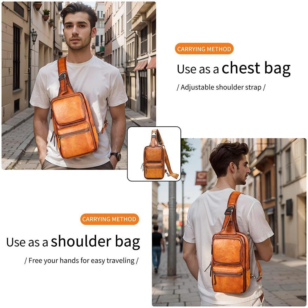 Full Grain Cowhide Leather Crossbody Sling Chest Pack One Shoulder Bag Article: SCB-ML025
