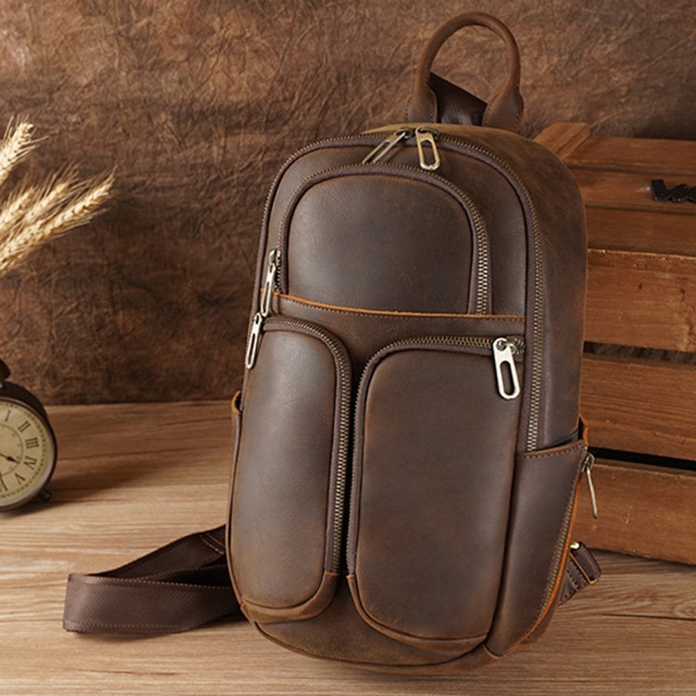 Full Grain Cowhide Leather Crossbody Sling Chest Pack One Shoulder Bag Article: SCB-ML033
