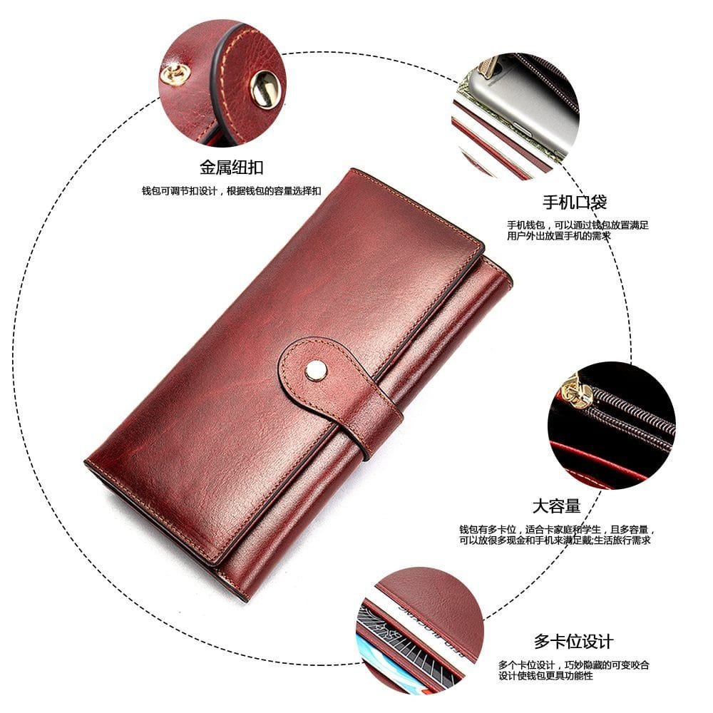 Long Zipper Girls Clutch Bag Ladies Wallet Mobile Phone Full Grain Cowhide Leather Article: WLT-FL004 - Image 4