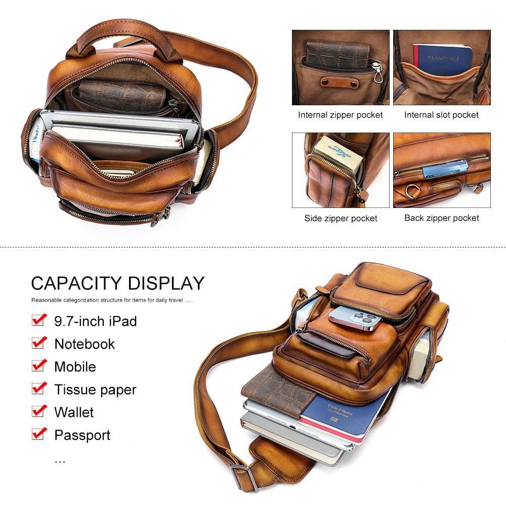 Full Grain Cowhide Leather Crossbody Sling Chest Pack One Shoulder Bag Article: SCB-ML028 - Image 5