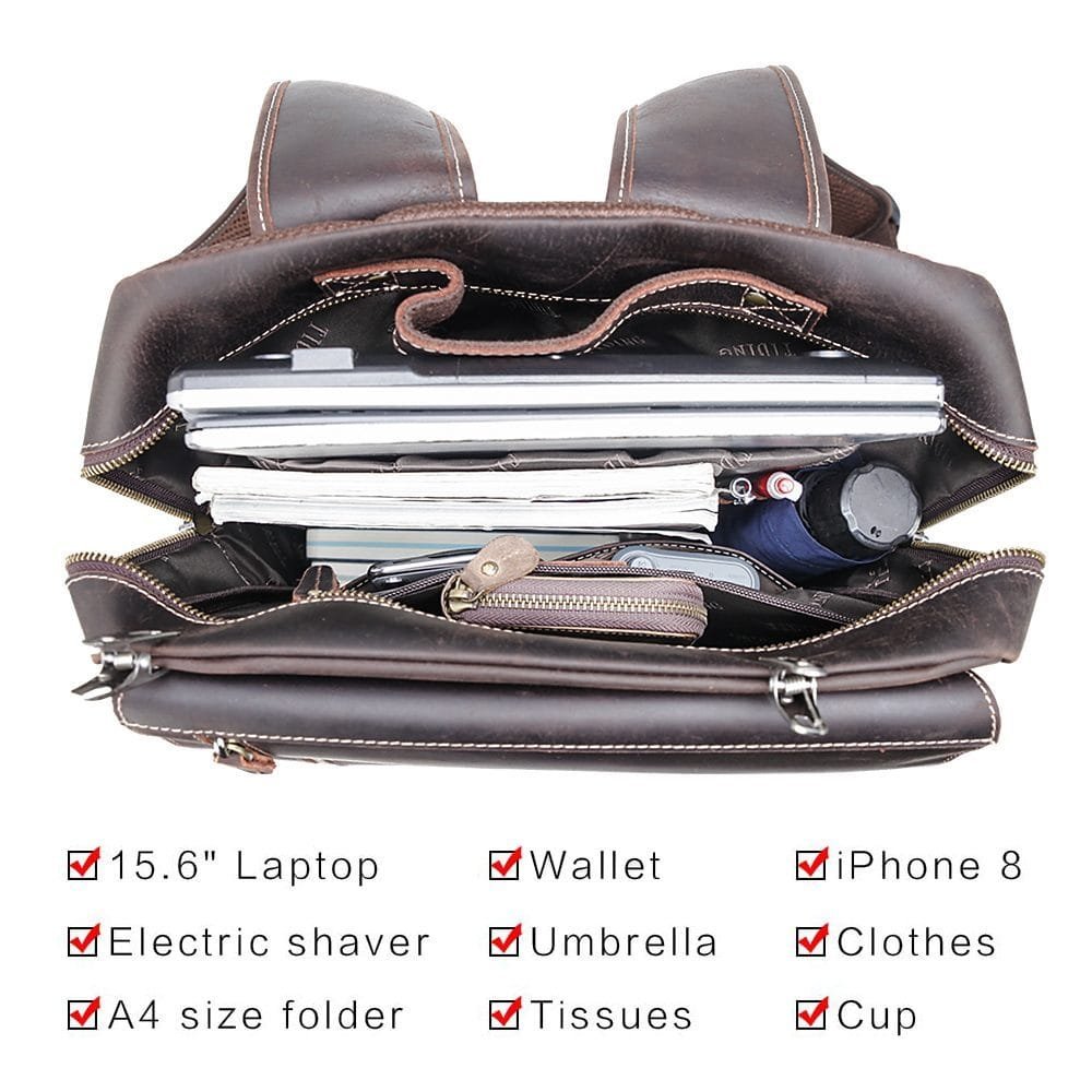 High Quality Mens Vintage Full Grain Cowhide Leather Office Laptop College Backpack Article: BPK-FL001 - Image 6