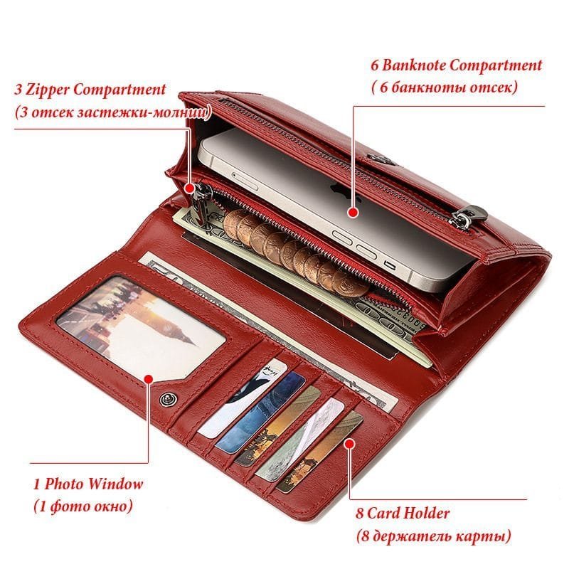 Long Zipper Girls Clutch Bag Ladies Wallet Mobile Phone Full Grain Cowhide Leather Article: WLT-FL003