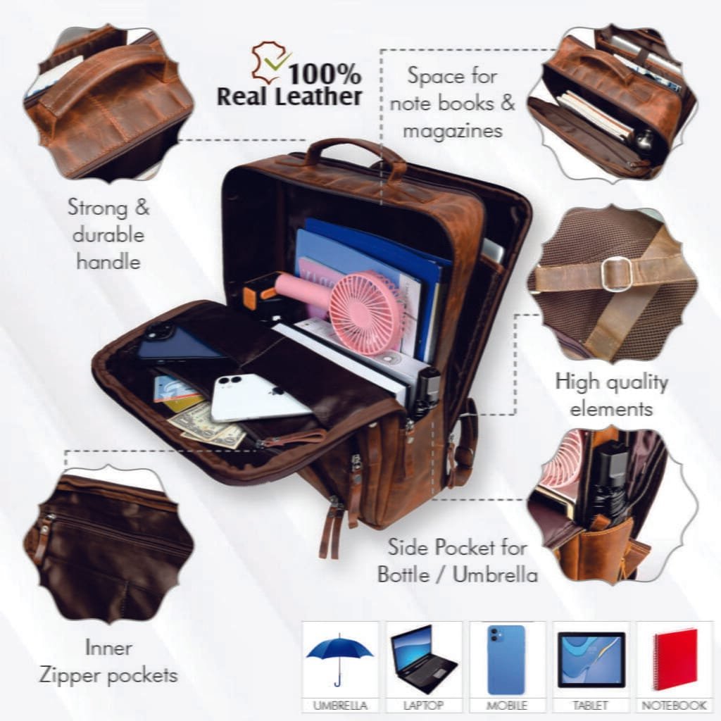 Full Grain Cowhide Men Vintage Leather Business Backpack - Image 8