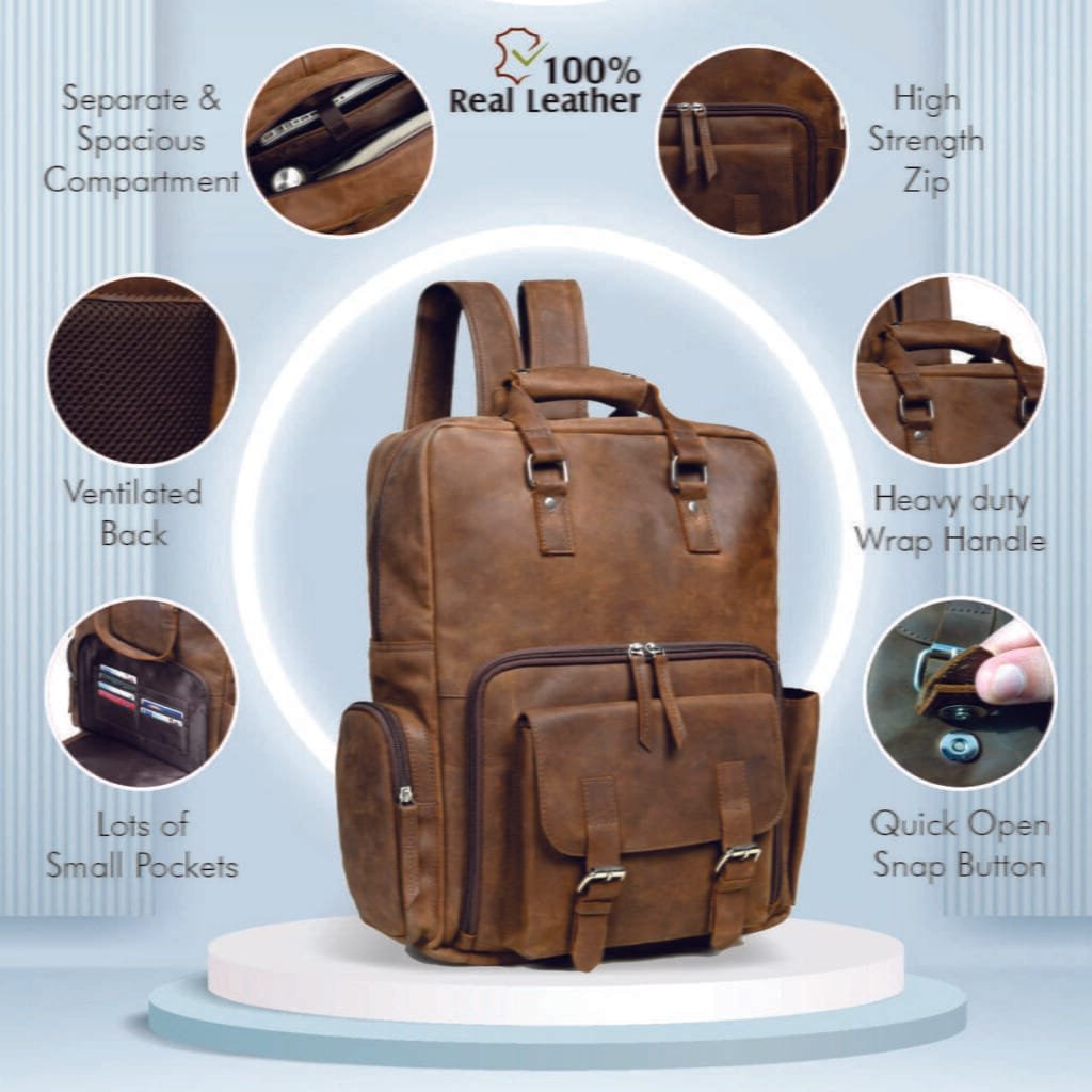 Large Vintage Cowhide Full Grain Leather Backpack - Image 4