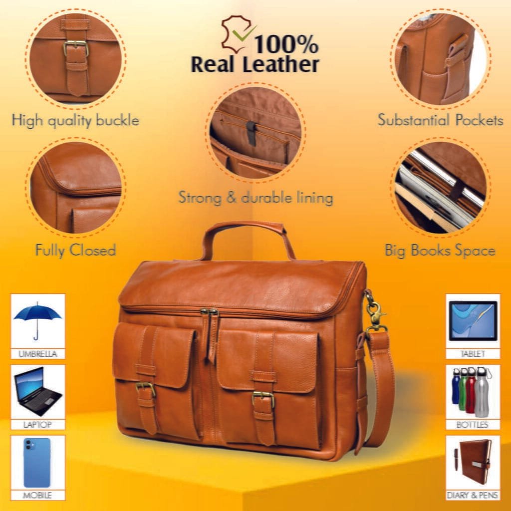Tan Cowhide Full Grain Leather Bag for Men - Image 3