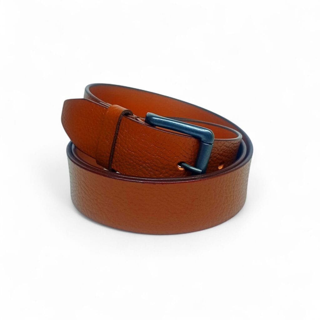 Textured Tan Leather Belt with Matte Blue Buckle – LB-309 - Image 4