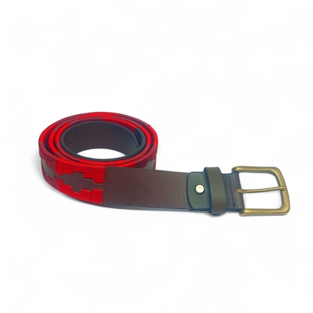 Red Patterned Fabric & Leather Belt for Men – Stylish Dual-Tone with Antique Buckle | LB-310