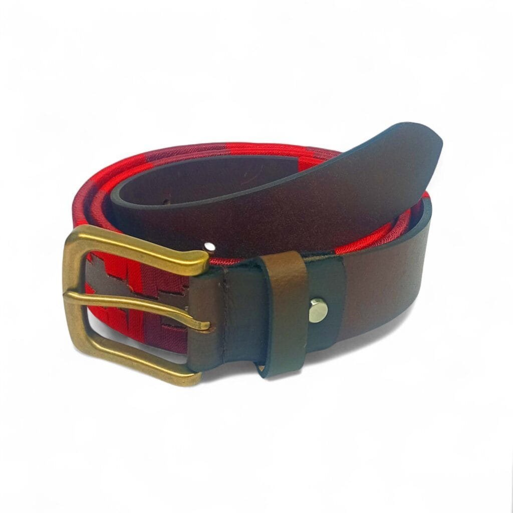 Red Patterned Fabric & Leather Belt for Men – Stylish Dual-Tone with Antique Buckle | LB-310 - Image 3