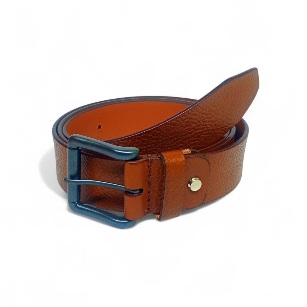 Textured Tan Leather Belt with Matte Blue Buckle – LB-309