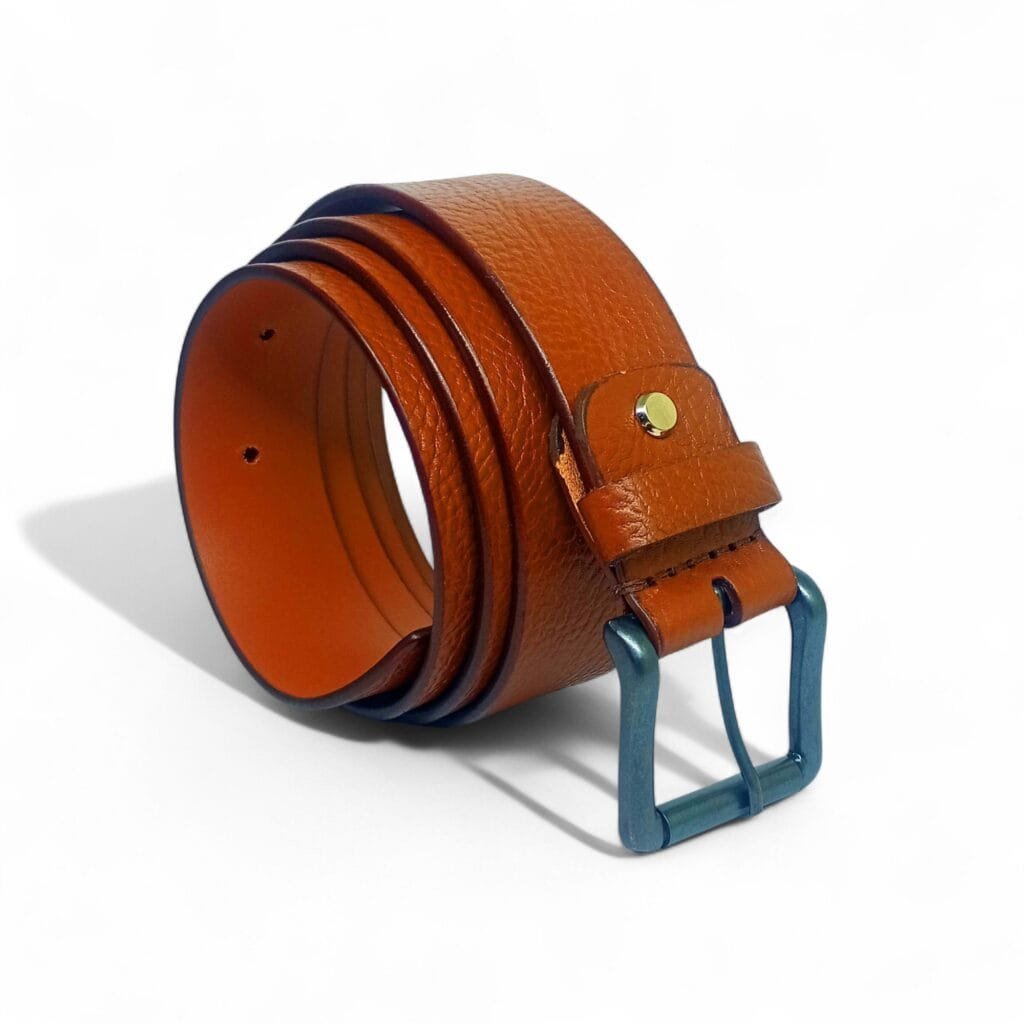 Textured Tan Leather Belt with Matte Blue Buckle – LB-309 - Image 2