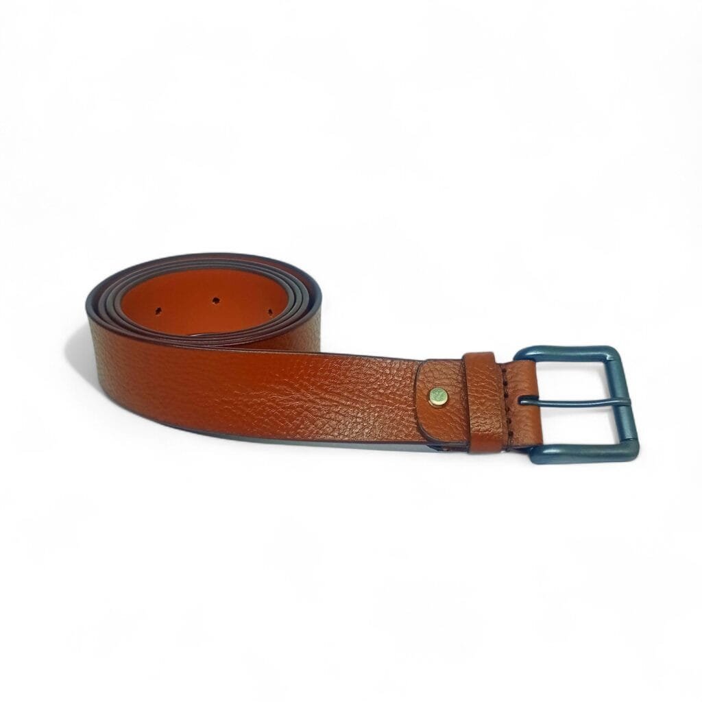 Textured Tan Leather Belt with Matte Blue Buckle – LB-309 - Image 3
