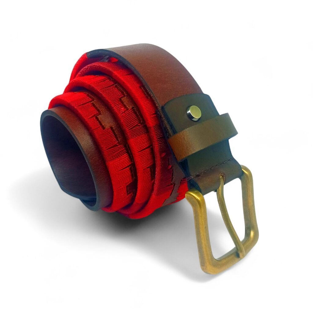 Red Patterned Fabric & Leather Belt for Men – Stylish Dual-Tone with Antique Buckle | LB-310 - Image 4