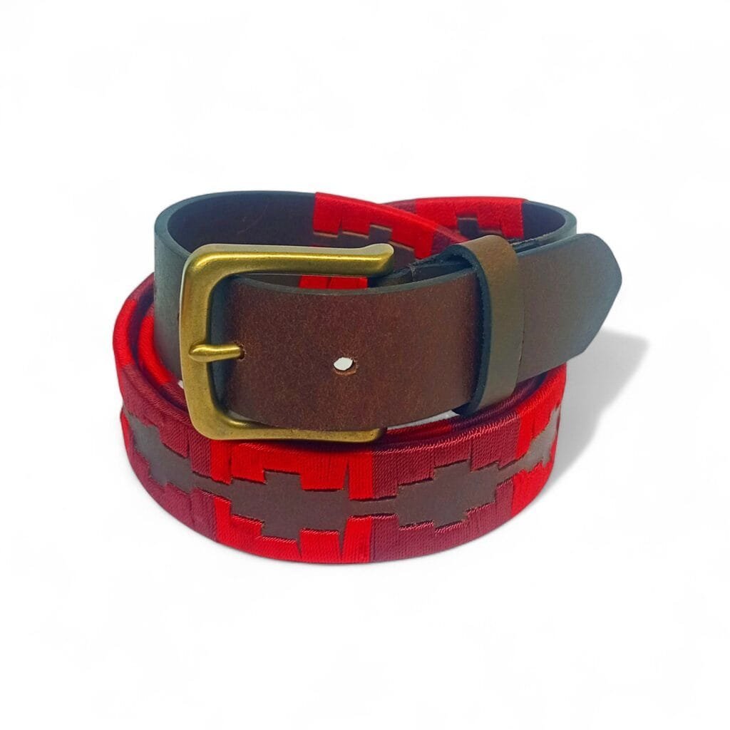 Red Patterned Fabric & Leather Belt for Men – Stylish Dual-Tone with Antique Buckle | LB-310