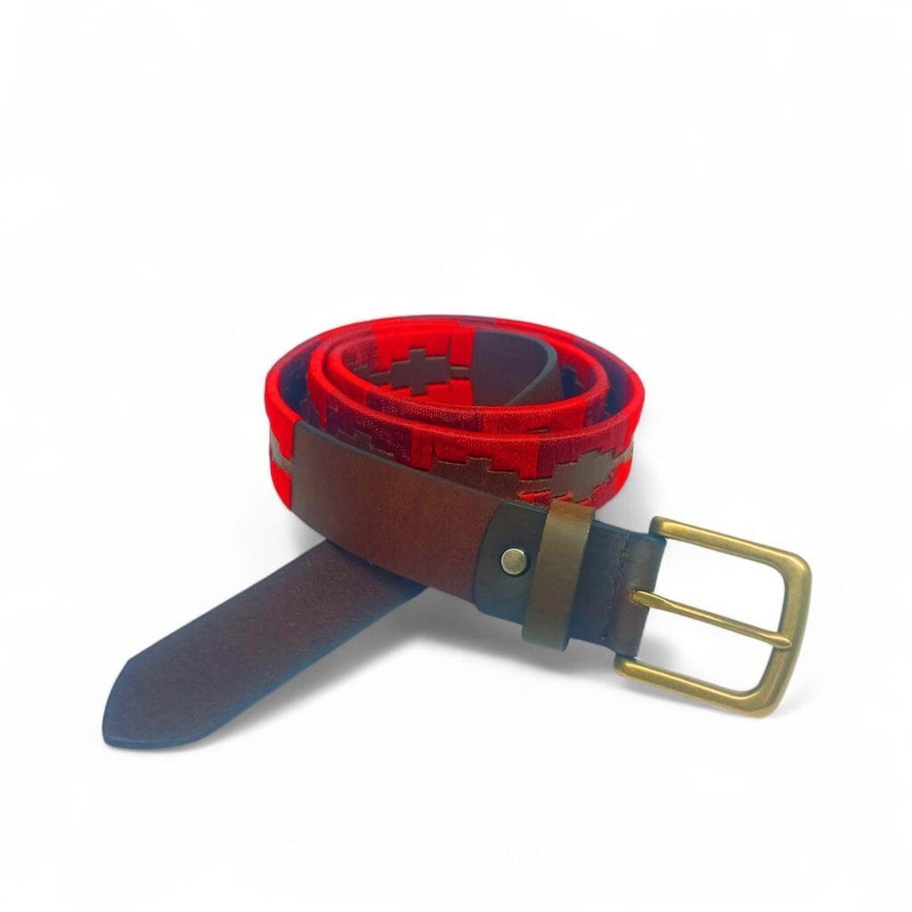 Red Patterned Fabric & Leather Belt for Men – Stylish Dual-Tone with Antique Buckle | LB-310 - Image 5