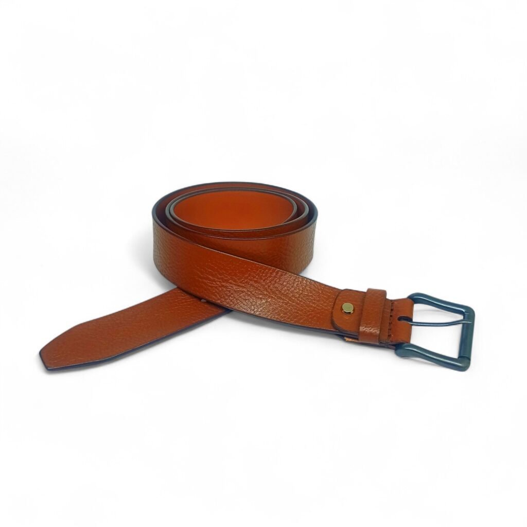 Textured Tan Leather Belt with Matte Blue Buckle – LB-309 - Image 5
